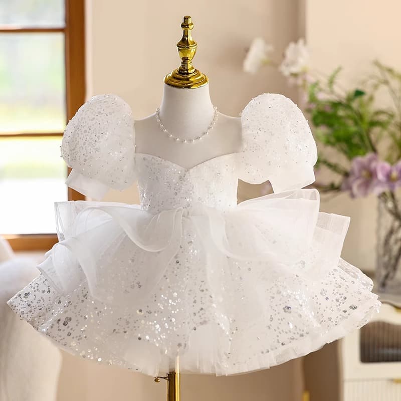 Girl's First Birthday Party Dress, White Winter French Puff Sleeve Flower Girl Wedding Dress, Little Girl's Runway Tutu Dress