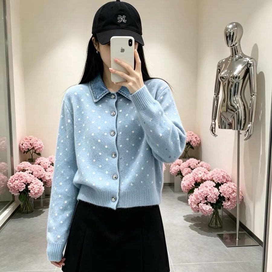 French polka-dot fake two-piece denim stitching POLO collar sweater soft waxy age-reducing sweater jacket autumn and winter new style