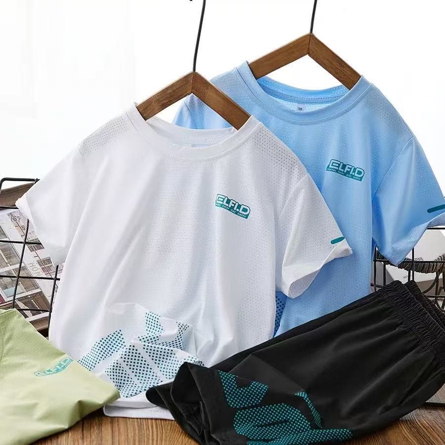 Boys' short-sleeved sportswear sets, girls' and teenagers' quick-drying breathable shorts, children's casual wear for older children.