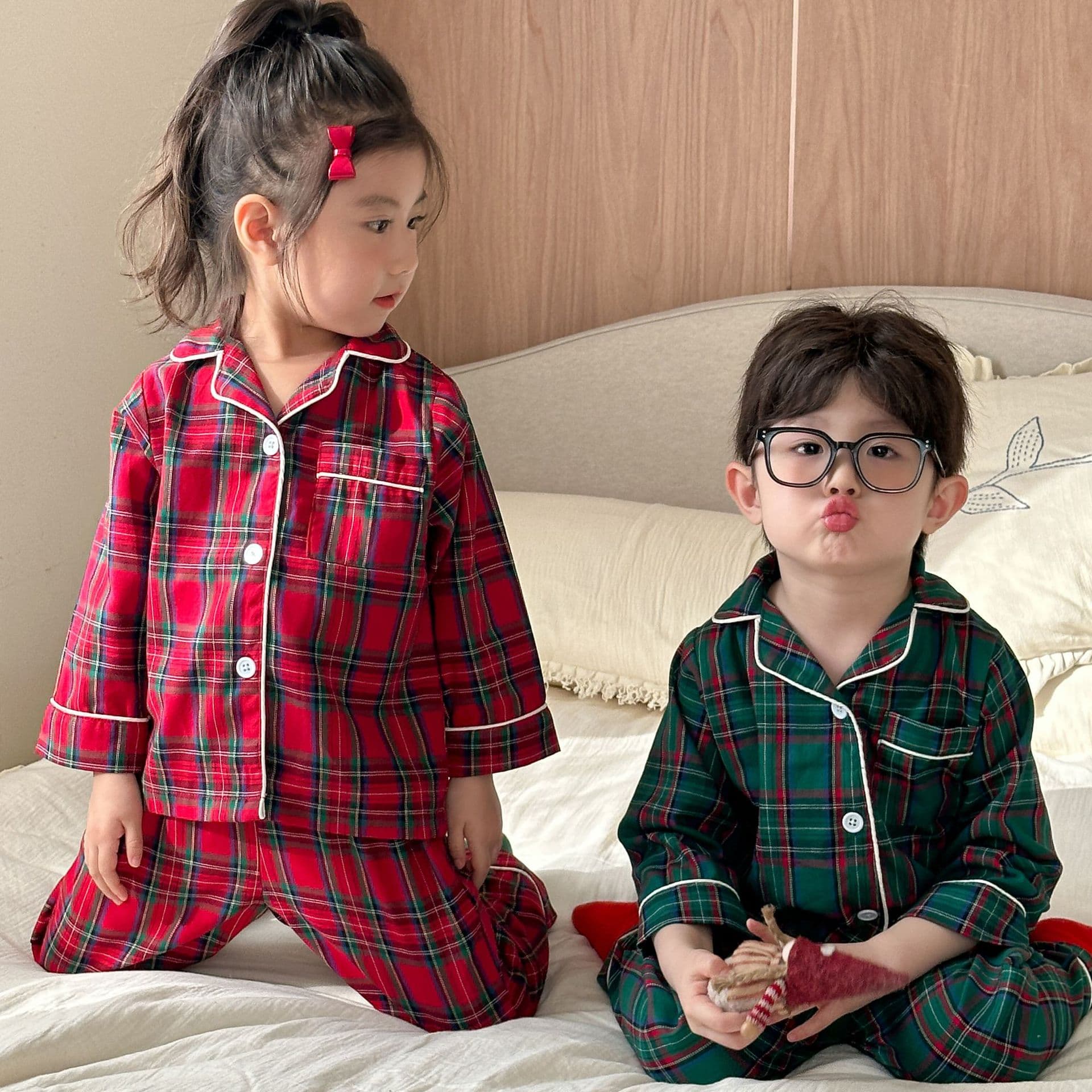 Children's Pajamas Boys Cotton Class A Plaid 2026 New Spring Autumn Long Sleeve Set Baby Homewear