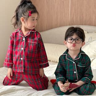 Kids Pajamas Boys Pure Cotton Class A Plaid 2026 New Spring Autumn Girls Long Sleeve Set Baby Homewear