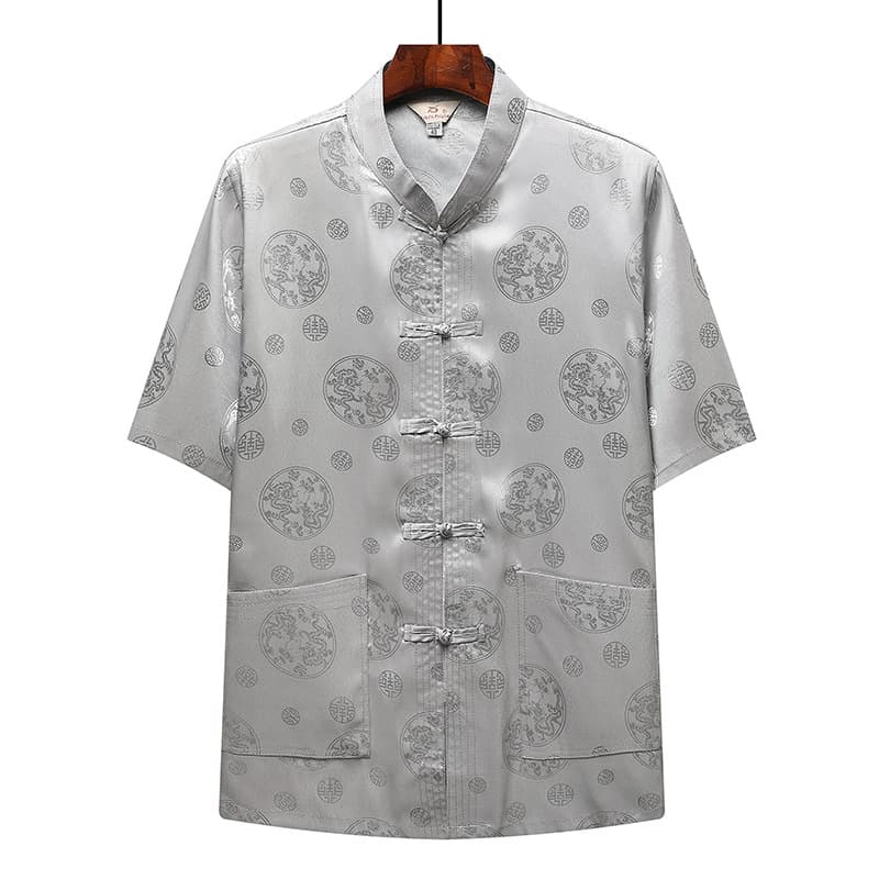 Summer Ice Silk Tang Suit Men's Middle-Aged and Elderly Short Sleeve Silk Chinese Style Satin Dad Outfit Casual Hanfu