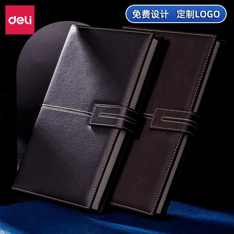 Deli Leather Cover Notebook 3344 Office Business Journal 16K Notebook 120 Pages Meeting Record Book Black Paper
