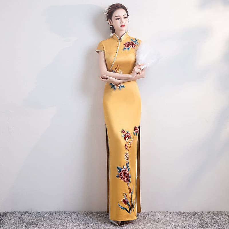 Cheongsam Retro Embroidery Split Long Dress Catwalk Performance Host Banquet Gown Slimming Bodycon Dress for Women