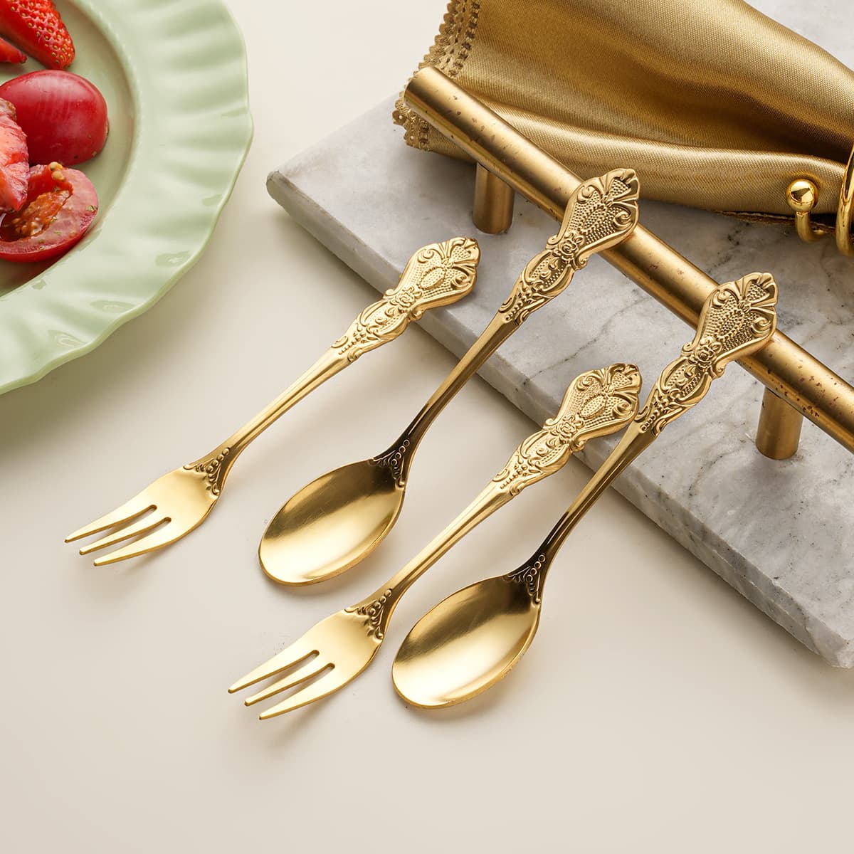 Vintage Dessert Fork and Spoon Set Embossed Stainless Steel Western Tableware Royal Court Spoon Fork Premium Fruit Fork Coffee Spoon