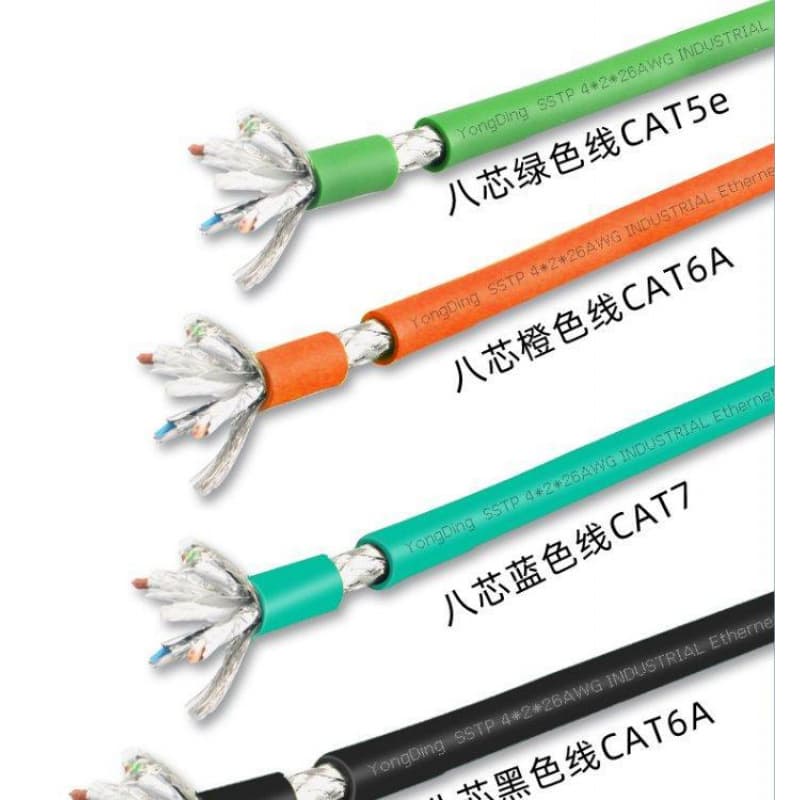 Supply of drag chain industrial Ethernet cable 4*2*26AWG in black, blue, and green colors for visual 10-gigabit transmission.