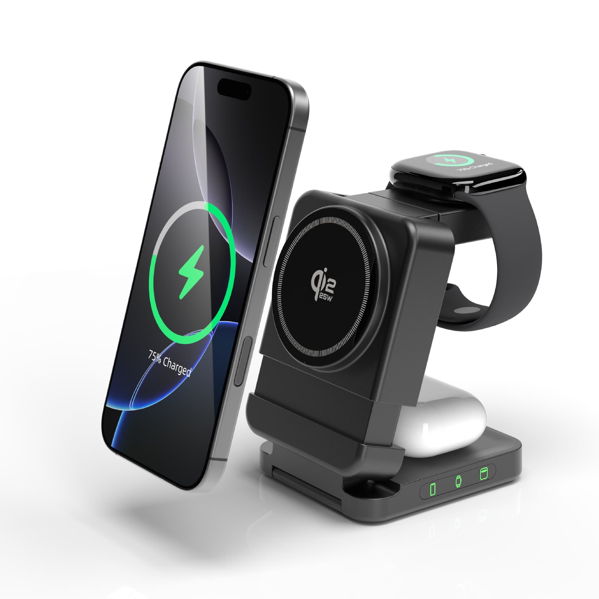 Qi2.2 25W 3-in-1 Magnetic Wireless Charging Foldable Stand for Apple Samsung Phone Watch Earbuds