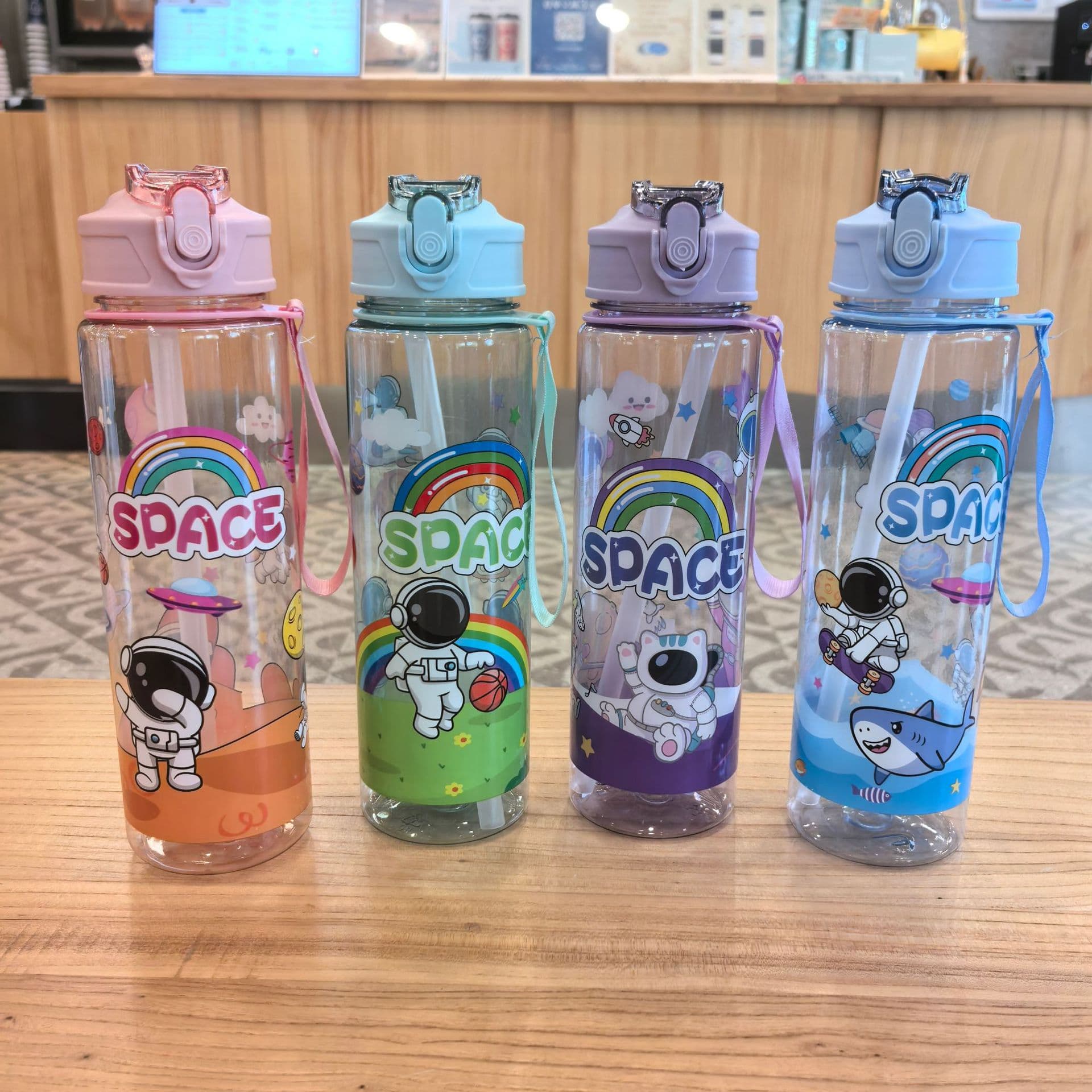New Cartoon Pony Children's Water Cup Transparent Strap Convenient Space Cup Cross-Border E-commerce Straw Plastic Cup