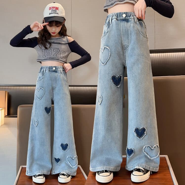 Girls' Heart-Shaped Raw Hem Denim Wide Leg Pants 2025 New Style Children's Loose Fit Long Pants for Spring and Autumn, Suitable for Older Kids
