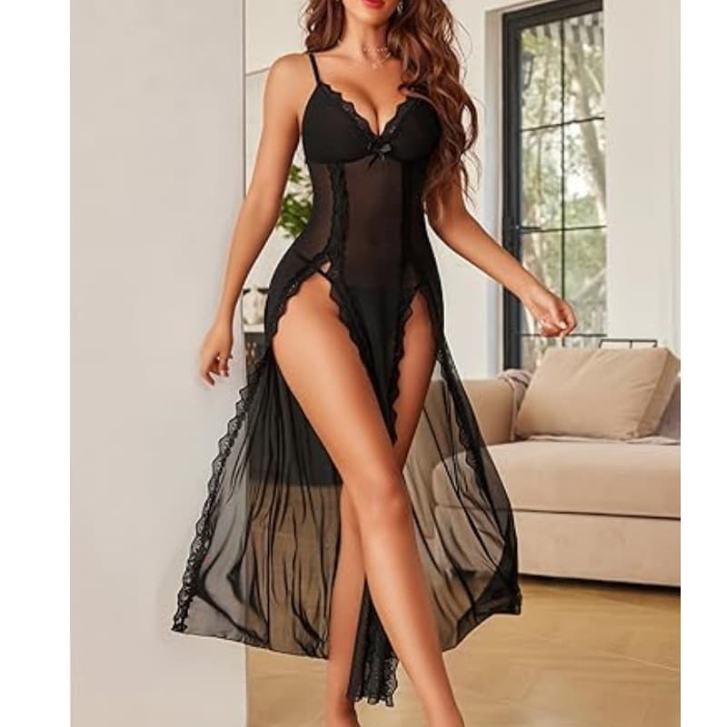 Sexy Sheer Lace Long Sleepwear with High Slit