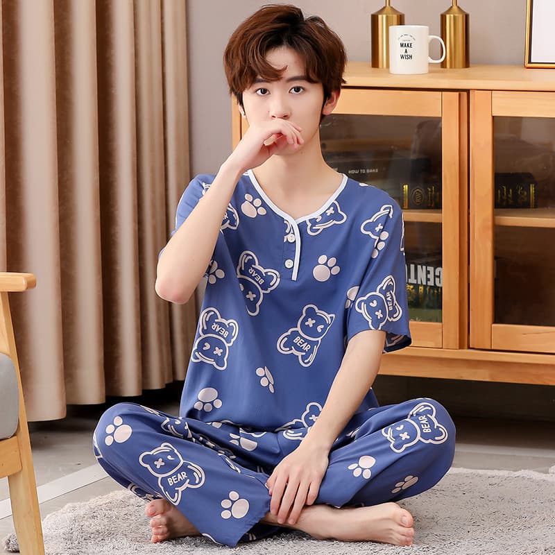 Summer Thin Air-Conditioned Cotton Silk Pajama Set for Teenagers, Boys, Middle and Older Children, Cotton Silk Homewear for Students, Artificial Cotton