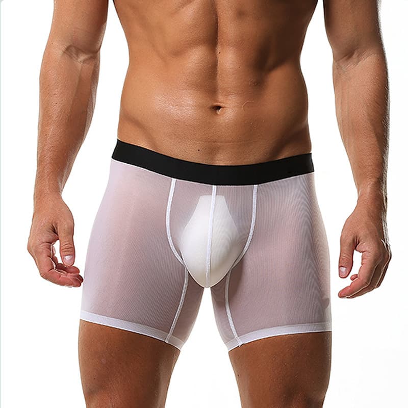 Semi-Transparent Ribbed Ice Silk Boxer Shorts Men Thin Transparent High Elasticity Seamless Extended Anti-Chafing Boxer Large Size