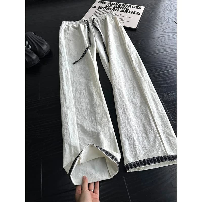 White Grid Patchwork Quick-Dry Ice Silk Pants for Men, Summer Cooling Trendy American Vintage Loose Straight Casual Pants