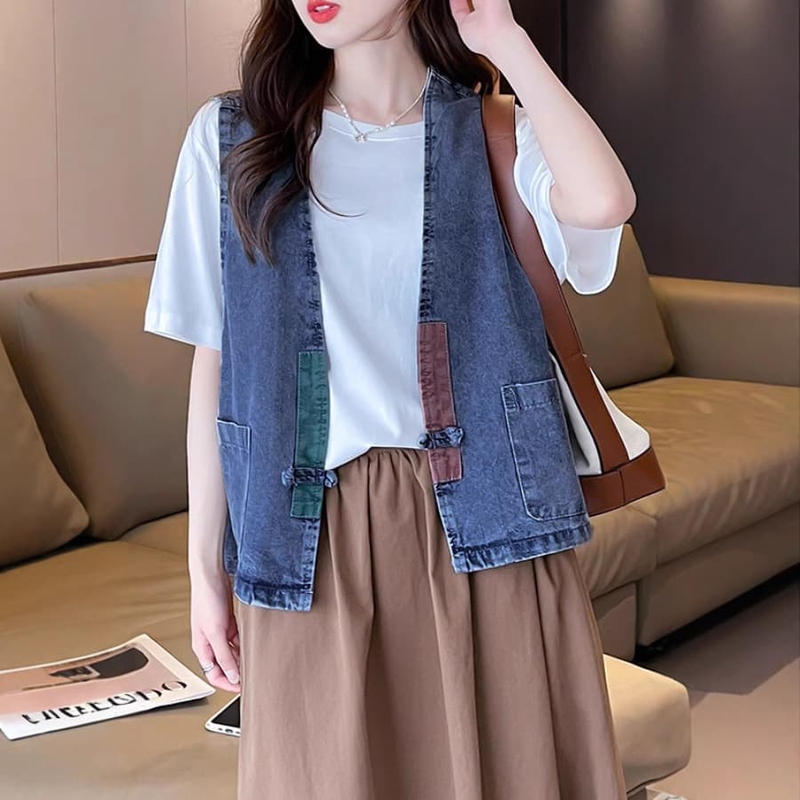 New Chinese Style Vintage Denim Vest for Women, Autumn/Spring New Loose Fit, Slimming, Stylish, Versatile Waistcoat Jacket