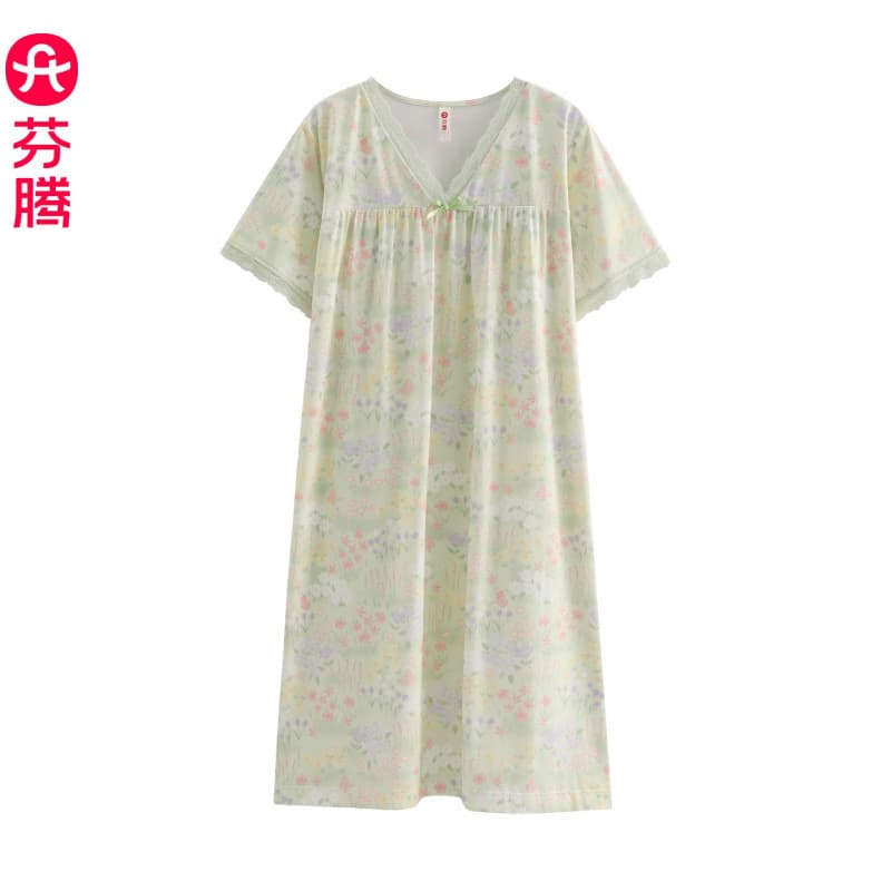 Fenteng Women's Nightgown New Summer Thin Cotton Short Sleeve Midi Dress Casual Loose Plus Size