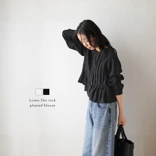 Cross-border Southeast Asian Japanese Rakuten Linen Texture Pleated Waist Shirt for Women, Long Sleeve Round Neck, Loose Fit, Slimming, Office Wear