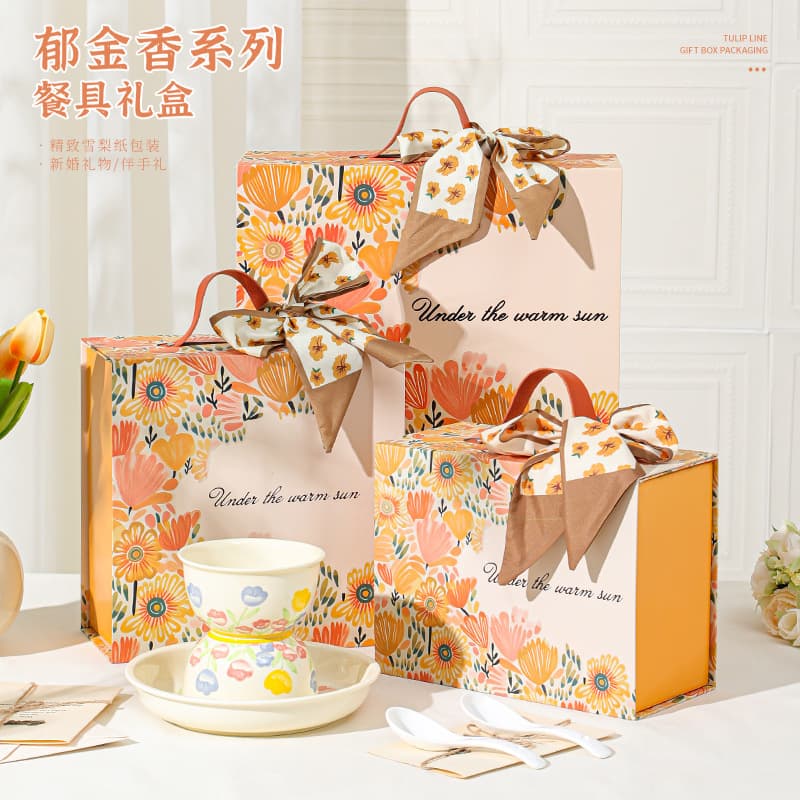 Japanese-Style Tulip Ceramic Tableware Wholesale Bowl Set Gift Box Opening Housewarming Wedding Event Sales Gift Bowl and Plate Set
