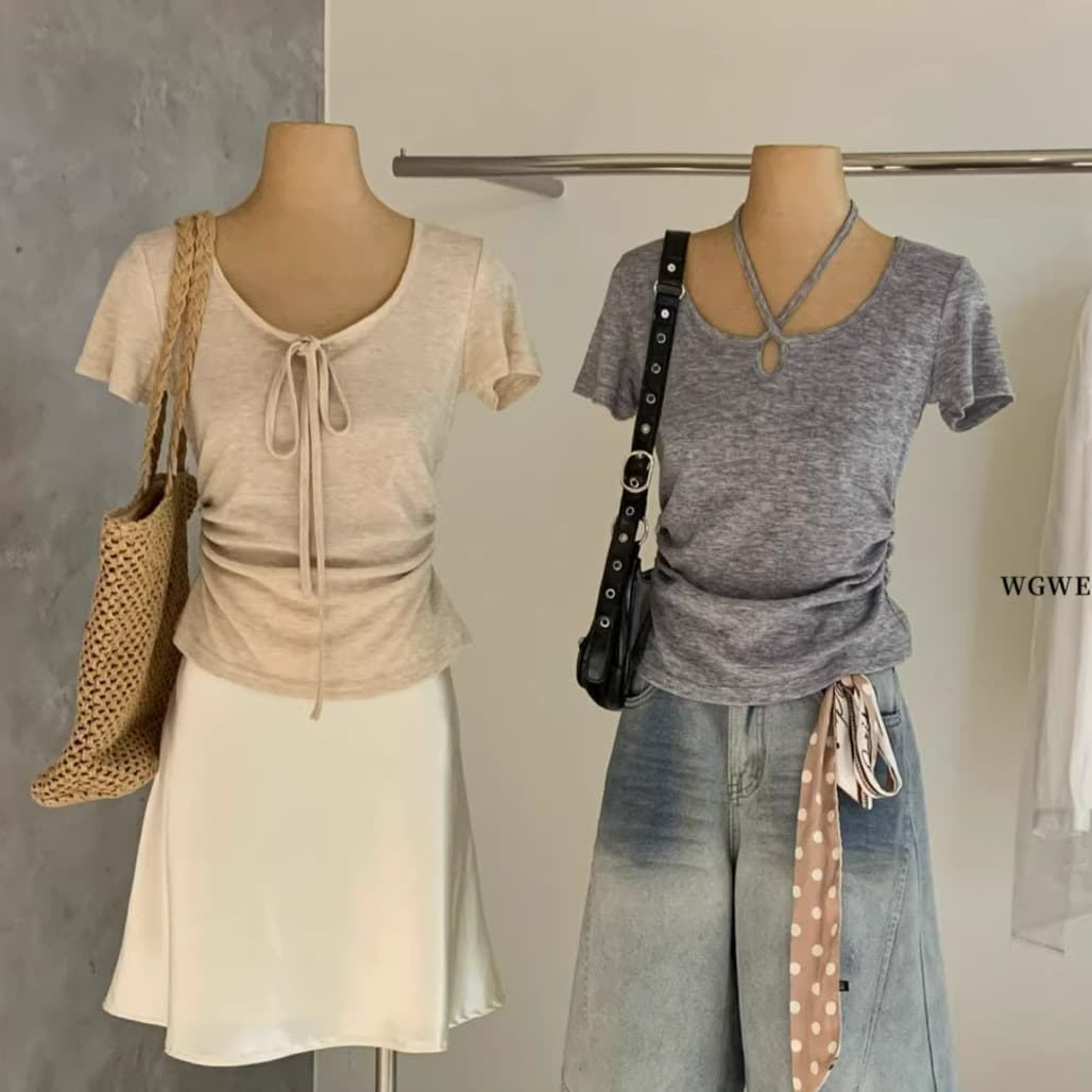 Wgwe8987 Guangzhou Shisanxing Women's Summer New Sweet Lace-Up Short Sleeve T-Shirt Ruched Waist Crop Top Trendy