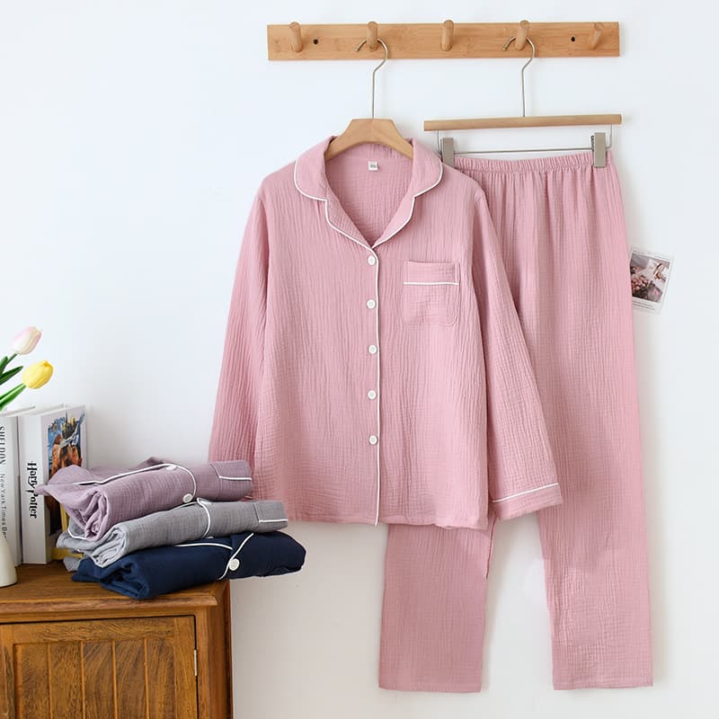 Japanese Style Wuyin Style Couple Pajamas for Women and Men Spring and Autumn Summer Thin Pure Cotton Crepe Double Gauze Home Suit