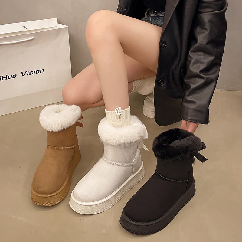 Thickened Fleece Lined Snow Boots Slip on Winter New Style Big Size Cotton Shoes Warm Thick Bottom Fur Mouth Butterfly Knot