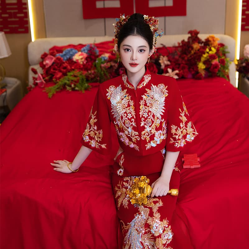 【Hua Xi】Autumn New Arrival Engagement Cheongsam Bride Wedding Dress New Chinese Style Red Registration Set