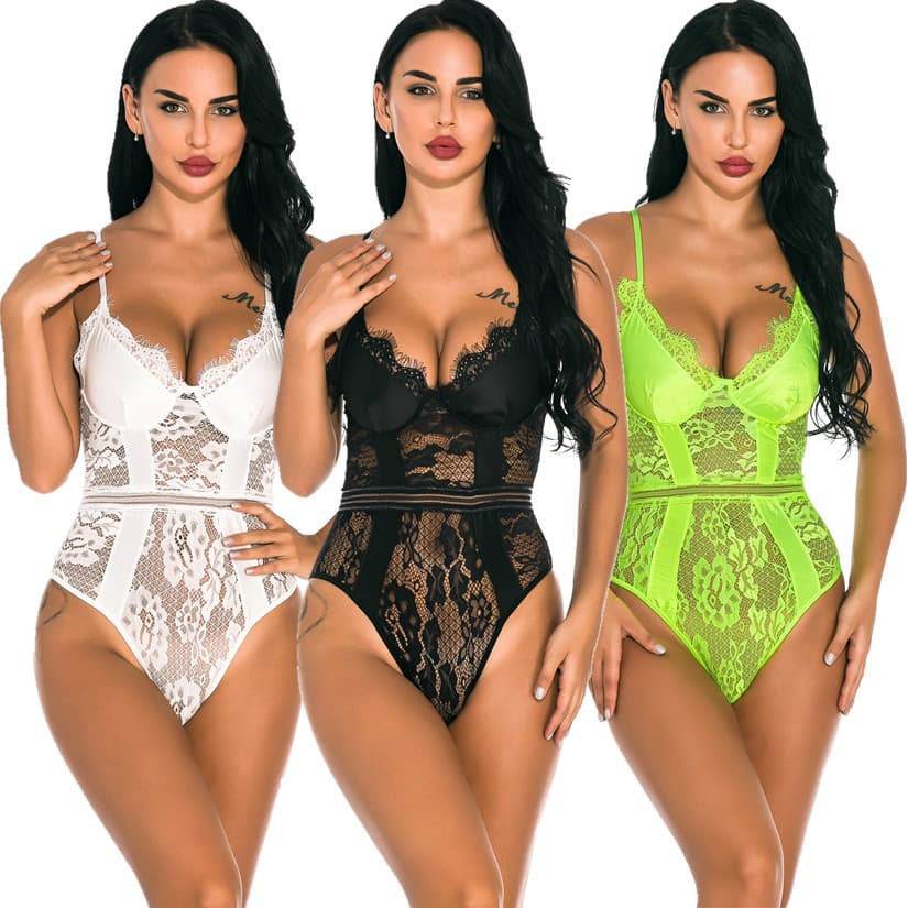 Amazon Export Source Sexy Lingerie Women's V-Neck Eyelash Lace Hollow Out Tight Bodysuit