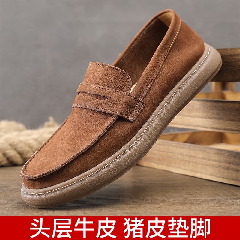 Men's Casual Leather Slip-on Loafers, Thick-Soled Round-Toe Trendy Social Shoes, Suede Loafers