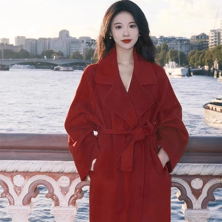 Red Double-Sided Cashmere Outwear 2025 Autumn and Winter New Korean Style Elegant Sicilian Mid-Length Woolen Outwear for Women