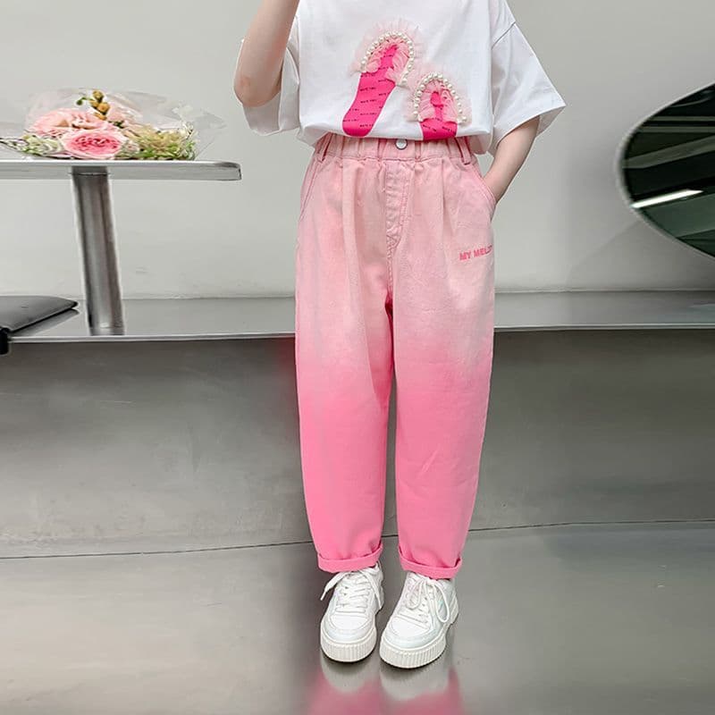 Girls' Autumn and Winter Fleece-Lined Jeans 2025 New Stylish Pink Gradient Casual Straight Pants Versatile Trendy for Little Girls