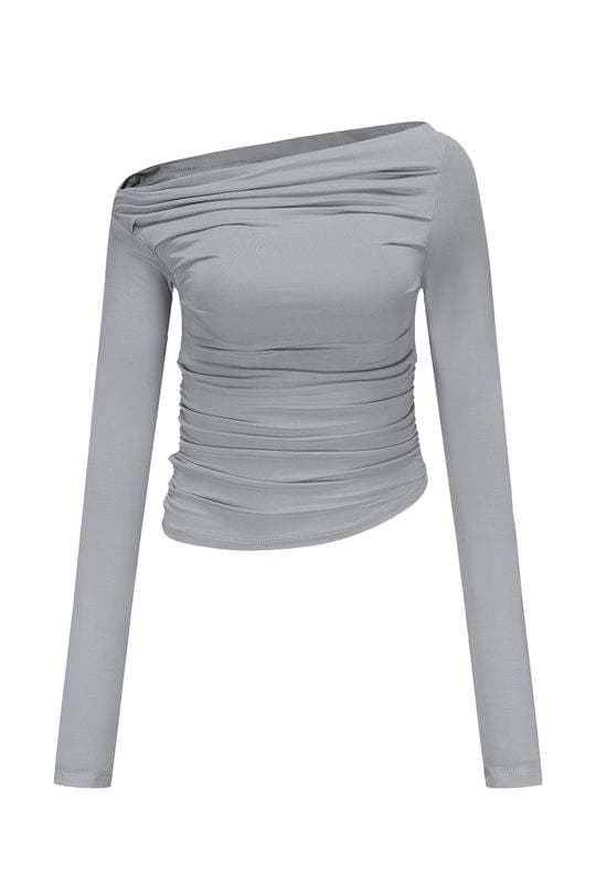 New Pure Style Pleated Long Sleeve T-Shirt Sexy Off-Shoulder Asymmetric Hem Tight Fingerless Base Top