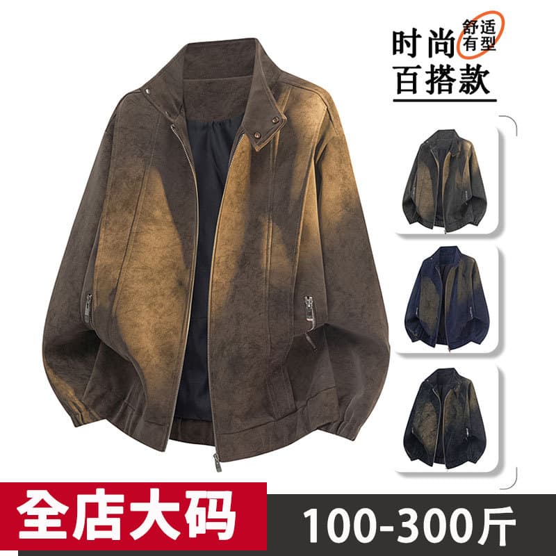 American Retro PU Leather Jacket for Men, Plus Size, Autumn Trendy Brand Premium Loose Casual Coat