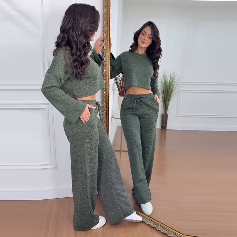 2025 New European and American Amazon Cross-border Women's Casual Loose Knit Long Sleeve Top and Pants Two-Piece Set