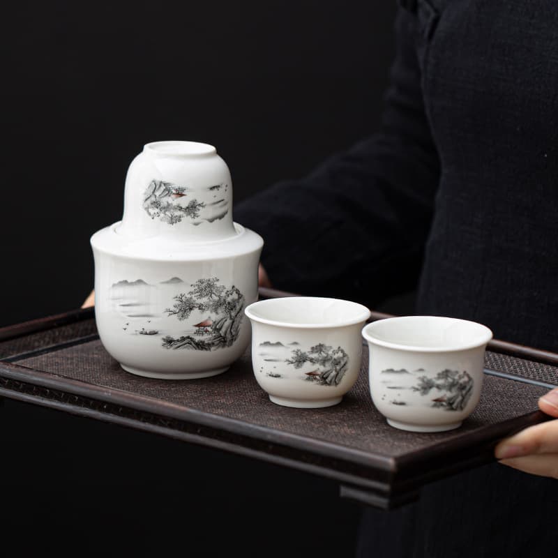Jingdezhen Ceramic Warm Wine Pot Set, Heated Sake/Wine Warmer with Two-Ounce Cups, Home Liquor Set Gift