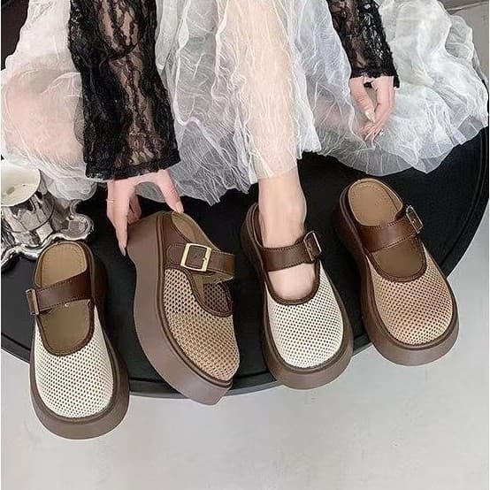 Thick-Soled Platform Birkenstock Shoes for Women 2026 New Style Open-Toe Half Slippers Hollow Breathable Sandals Slip-On Mesh Shoes
