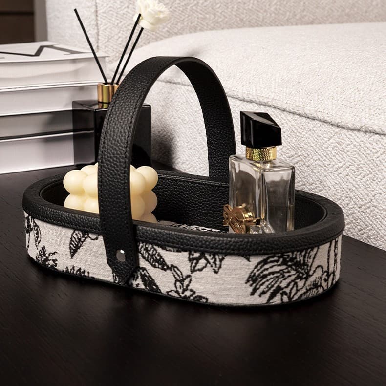 Retro Light Luxury Storage Tray Home High-end Leather Handle Entryway Cabinet Lipstick Cosmetic Miscellaneous Basket Cross-border