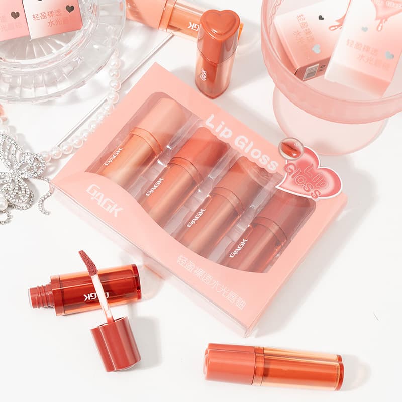 GAGK Lightweight Nude Glossy Lip Glaze 4-Piece Lip Glaze Set Moisturizing Brightening Full Glass Lip Lipstick for Women
