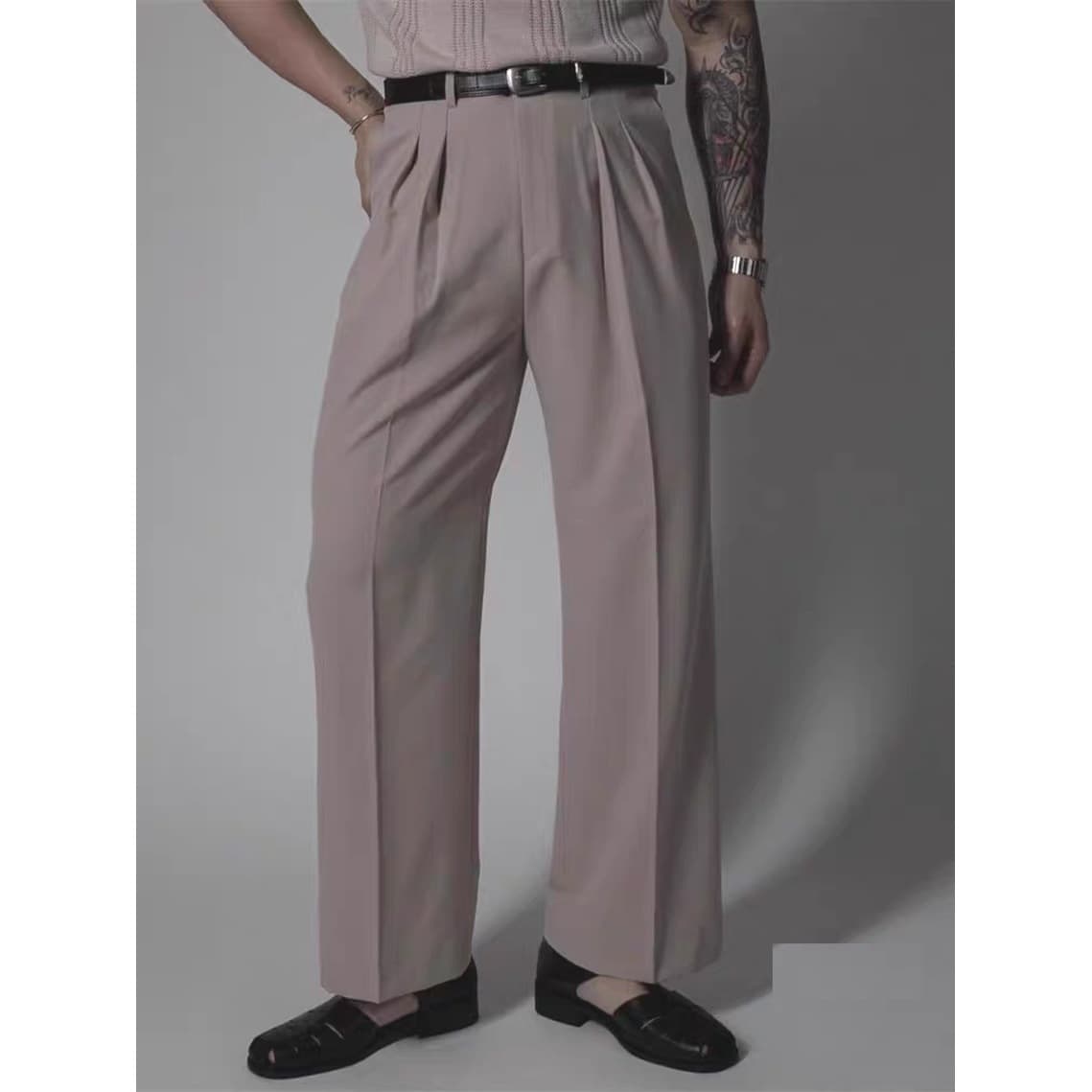 European and American tough guy workwear suit trousers for men with concealed button design double pleated loose straight trousers no-iron suit suit cross-border