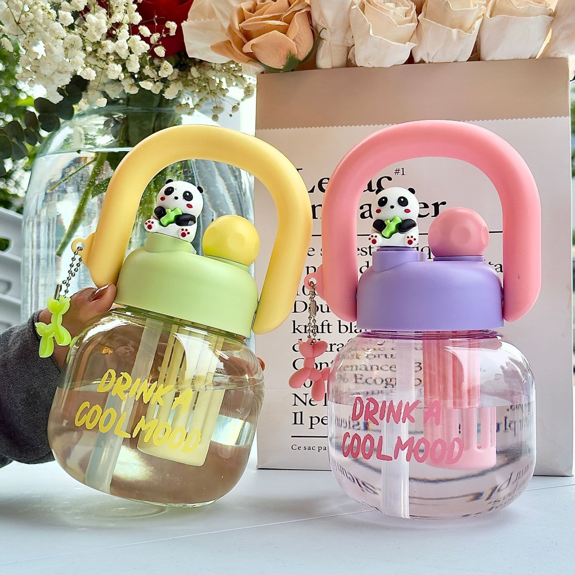 Stylish Portable Large-Capacity Water Bottle with Tea Strainer for Women, Straw Cup, Cute Panda Handle, Summer Cartoon