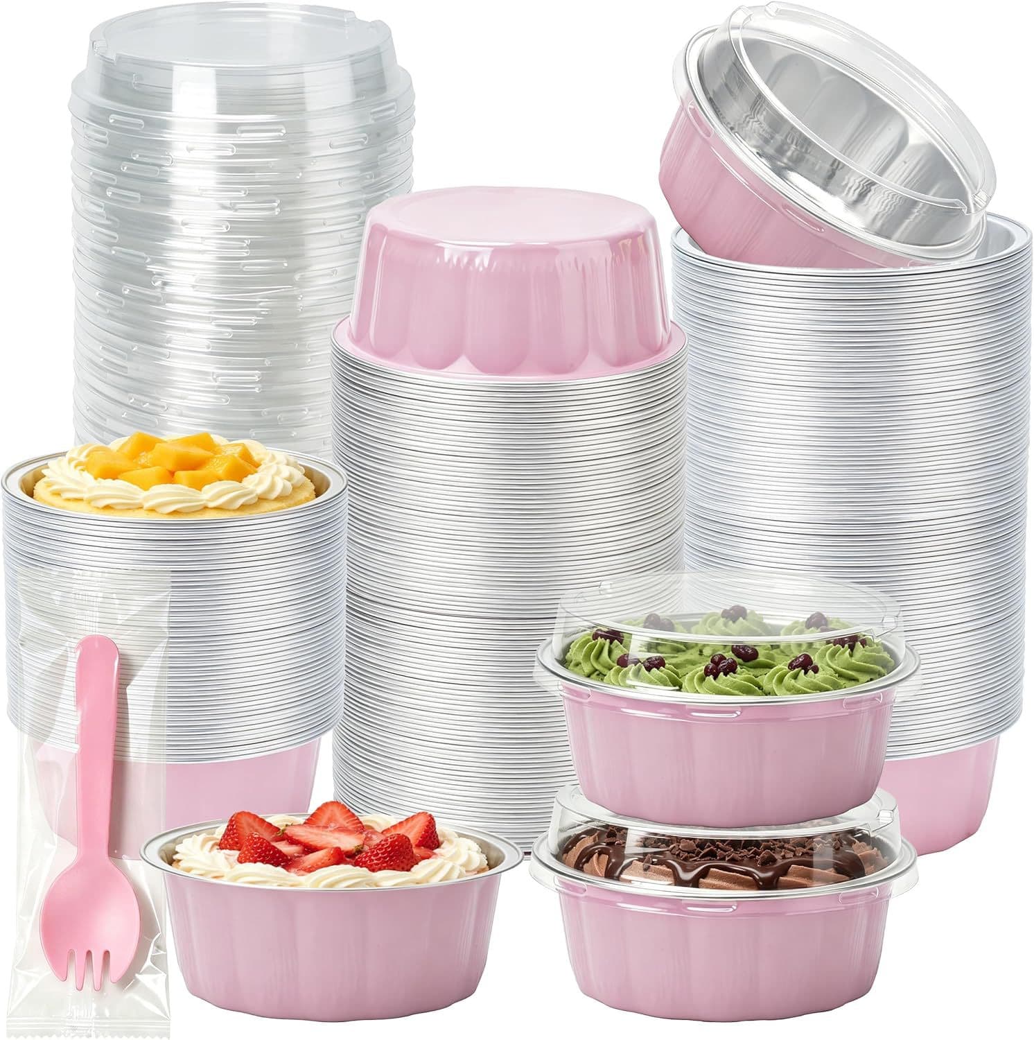 Cross-border Round Pink Cake Cups Disposable Aluminum Foil Cups Pudding Dessert Cups 4 Baking Foil Cups with Plastic Lids