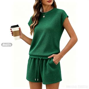 Waffle Knit Shorts Set for Women 2-Piece Outfit Drawstring Cap Sleeve Casual Matching Set Summer Sportswear