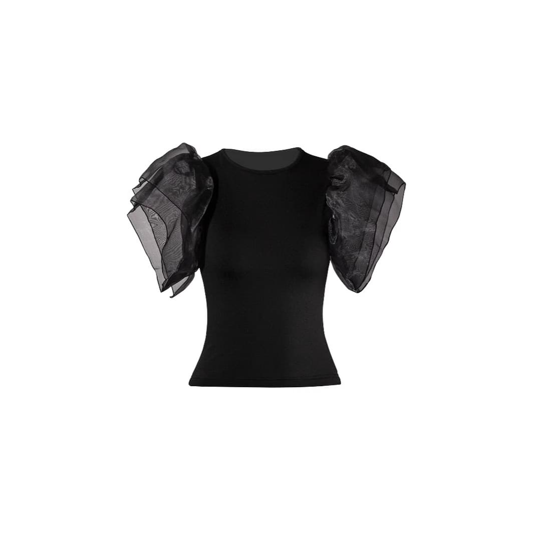 New Women's Fashion Flutter Sleeve Lace Top, Designed Slim-Fit Short Sleeve Sexy Lace Edgy Black T-Shirt