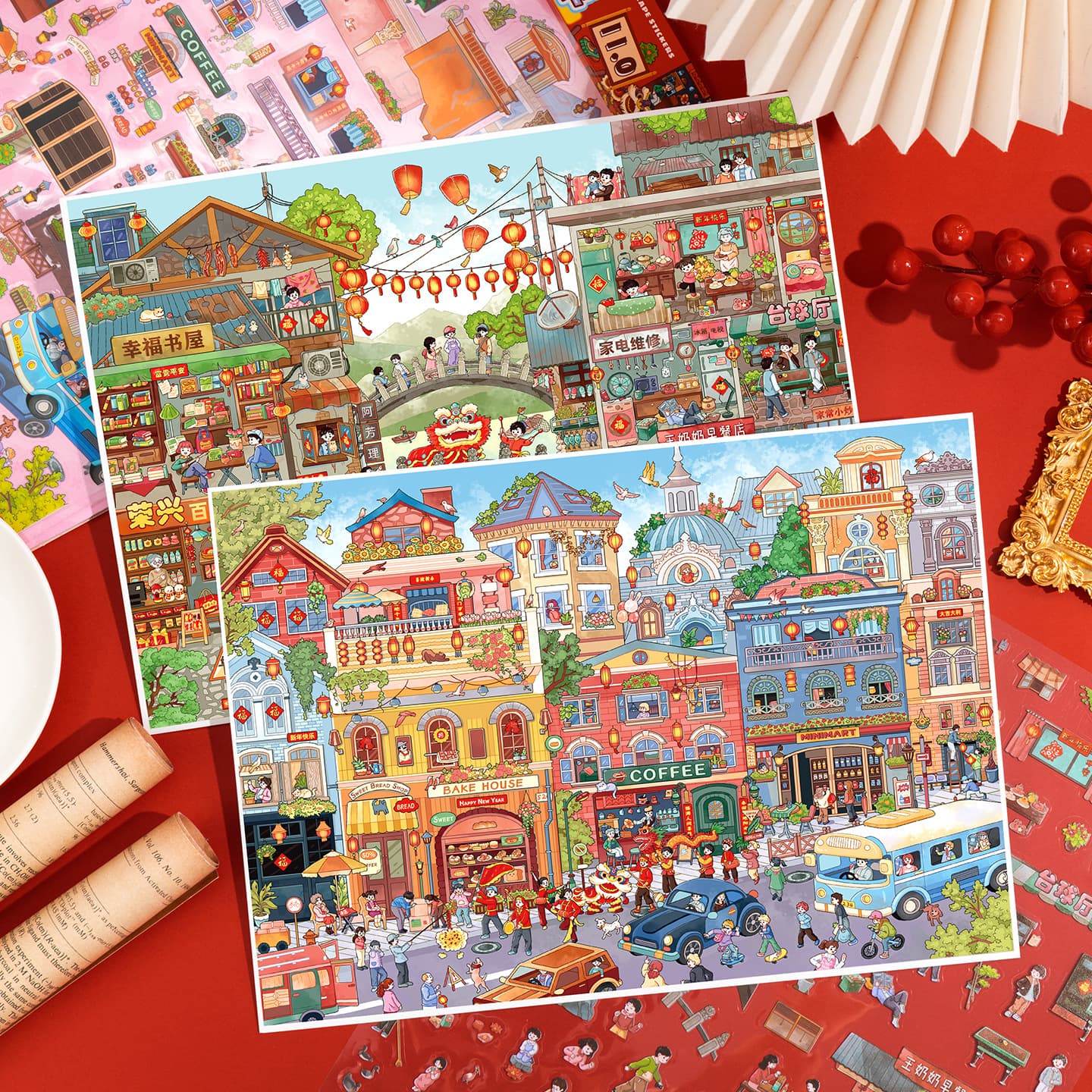 Chinatown New Year Scene Sticker Set Junbei 11.0 Festival Series Large Edition, New Year Market Gathering Miniature Scene Collection