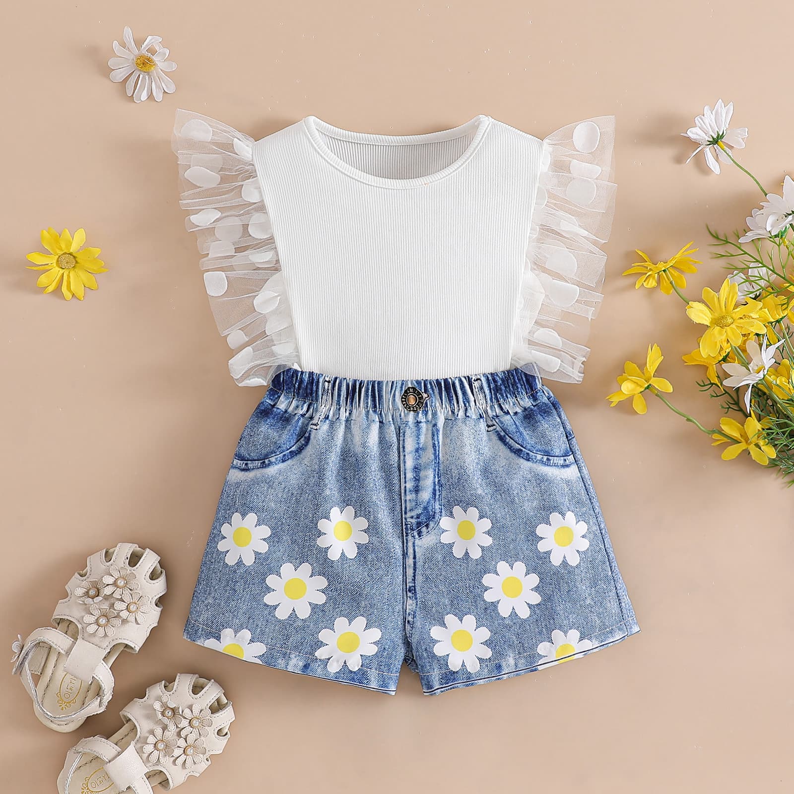 Girls Polka Dot Mesh Flutter Sleeve Top and Denim Shorts Set Summer Children's Daisy Print Casual Two-Piece Outfit