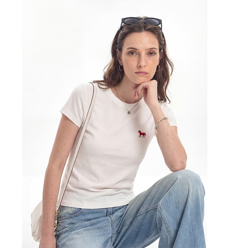 2026 New Cross-Border Little Horse Embroidered Short Sleeve T-Shirt for Women Designer Round Neck Top Base Layer Summer Top