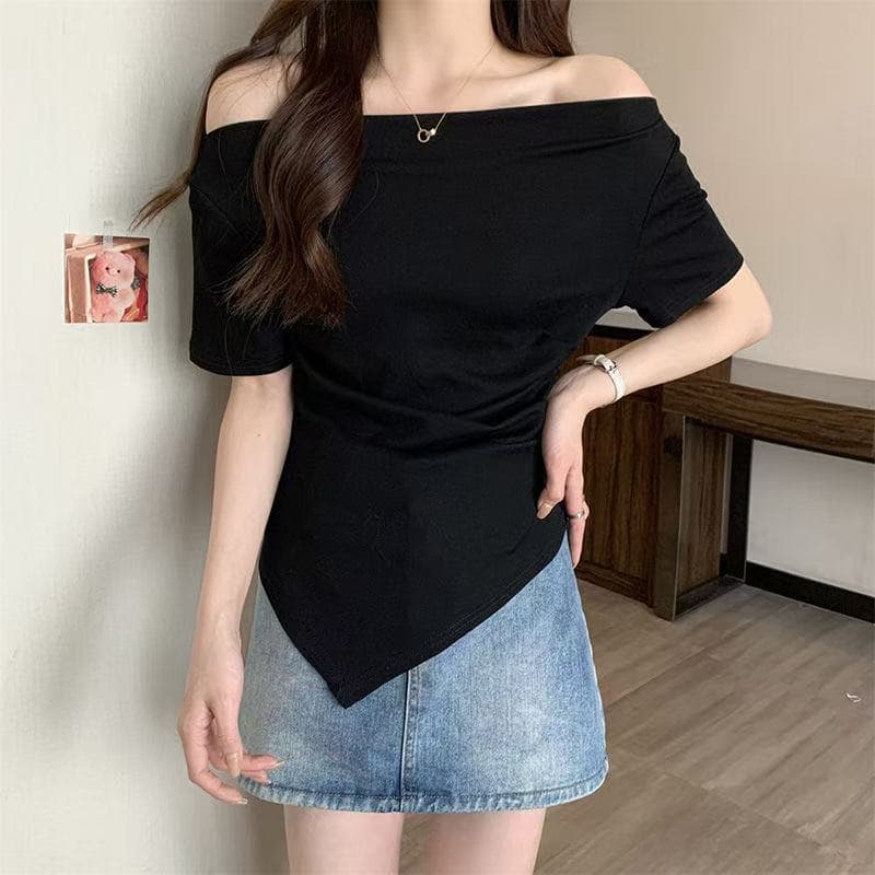 Chic Irregular Off-Shoulder Top for Women Spring Summer Slim Loose French Pure Style Bare Shoulder Short Sleeve T-Shirt