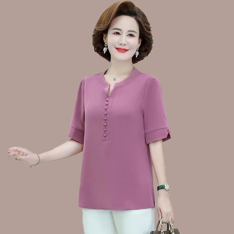 Mom Summer T-Shirt Young Short-Sleeved Western Style New 40-Year-Old 50 Middle-Aged and Elderly Women's Plus Size T-Shirt Belly Covering Shirt