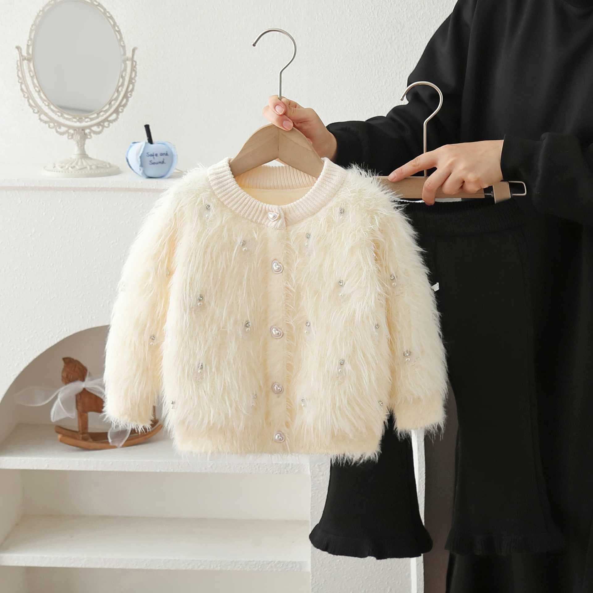Girls' Sweater Set Autumn Winter New Korean Style Baby Girl Solid Color Furry Beaded Cardigan Knitted Pants Two-Piece Set