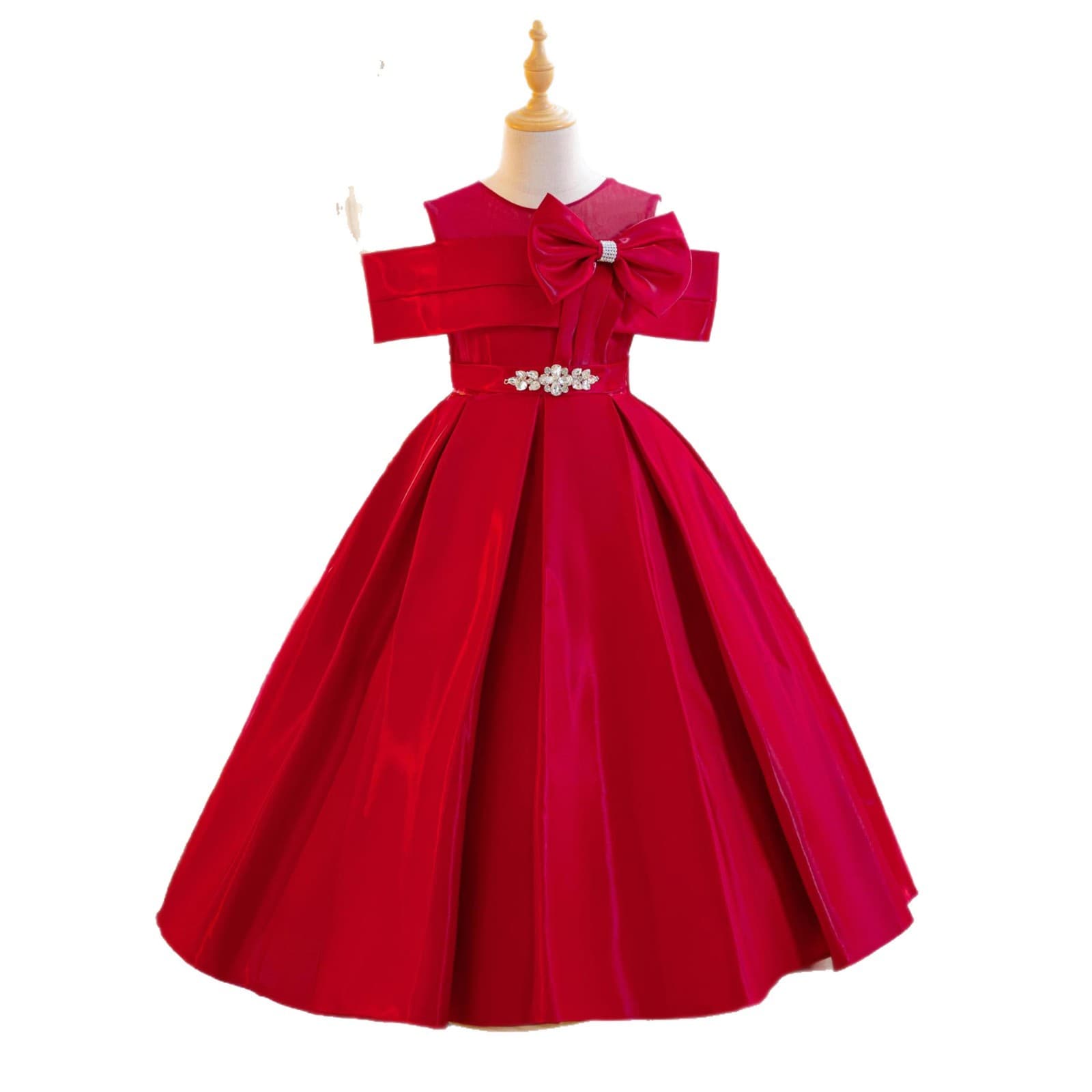 Children's Satin Bow Dress, Birthday Princess Gown for Girls, Piano Performance Dress for Hosting, Cross-Border