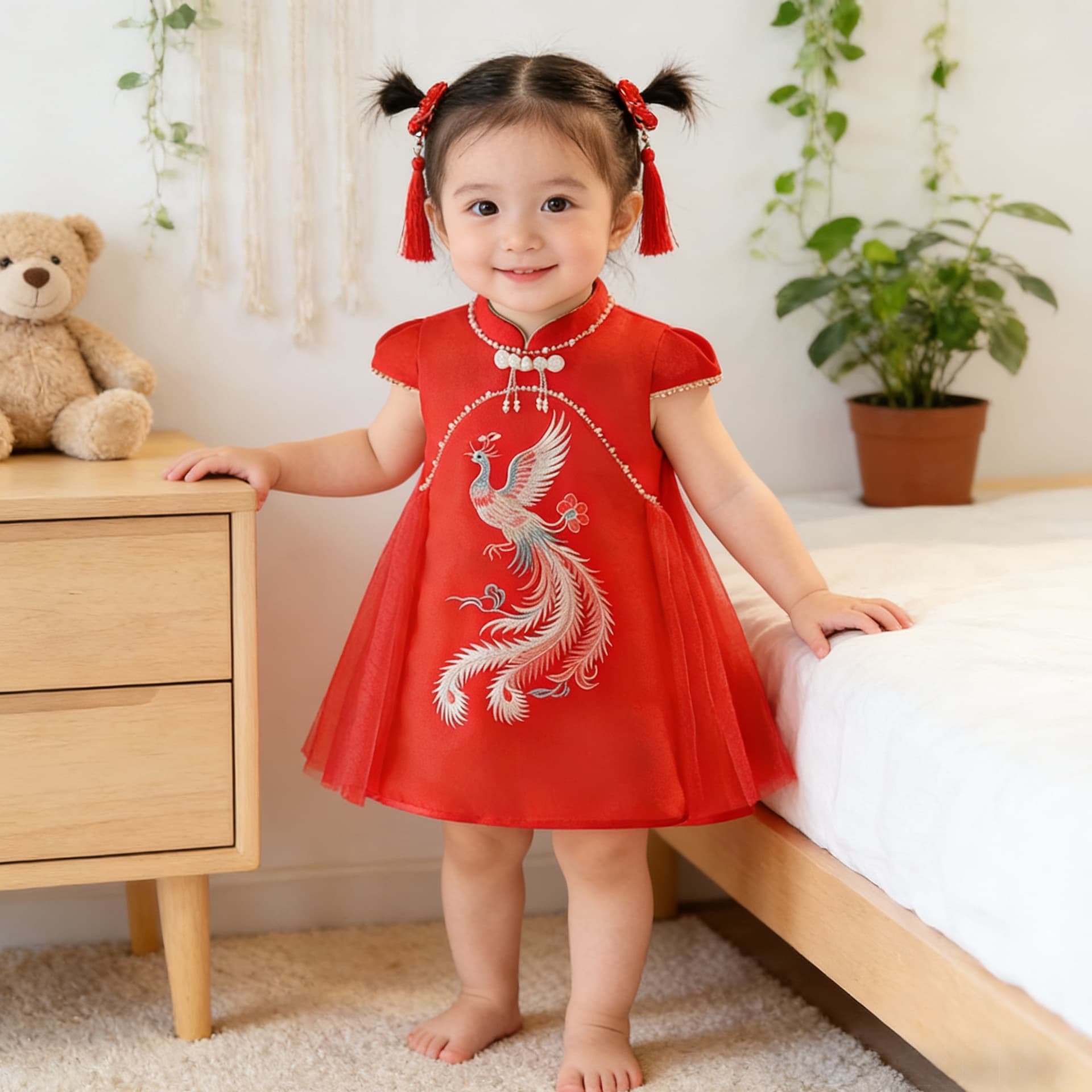 Summer Girls' 1st Birthday Dress Red Phoenix Embroidery Cheongsam Baby One-Year-Old Party Chinese Tulle Princess Dress