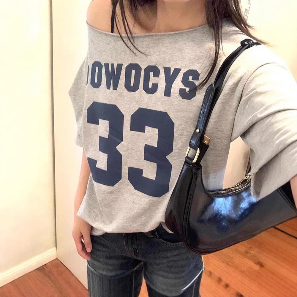 American Style Grey Asymmetrical Shoulder Short Sleeve T-Shirt Women Summer Loose Lazy Casual Versatile Letter Print Shoulder Ba